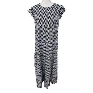 Liza Byrd Tiered Ruffled Cotton Block Print Maxi Dress Blue & White Small